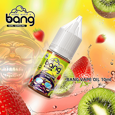 Imagen promocional de Bang Vape Oil, con una botella de 10 ml con detalles de sabor a fresa y kiwi, rodeada de ilustraciones de fresas y rodajas de kiwi sobre un fondo amarillo y naranja vibrante.