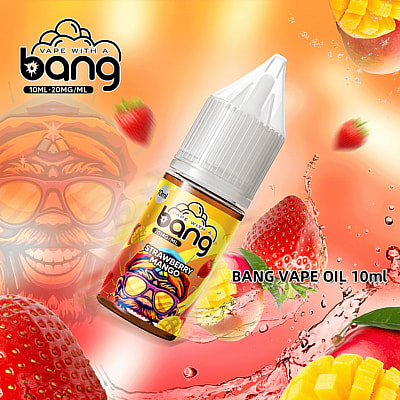 A promotional image showcasing a bottle of Bang brand vape oil in Strawberry Mango flavor with vibrant strawberries and mango slices in the background.