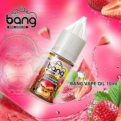 Promotional image of Bang vape oil, featuring a 10ml bottle labeled 'Strawberry Watermelon,' with fruit imagery and branding on a pink background.