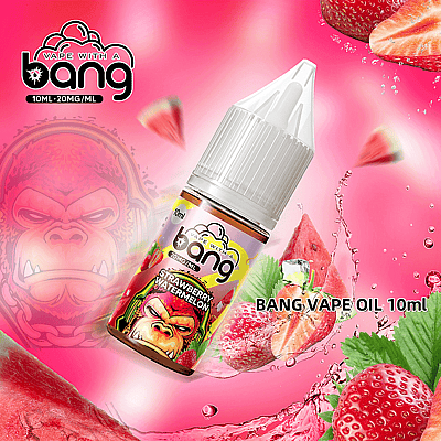 Imagen promocional del aceite para vapear Bang, con una botella de 10 ml etiquetada 'Strawberry Watermelon', con imágenes de frutas y marca sobre un fondo rosa.