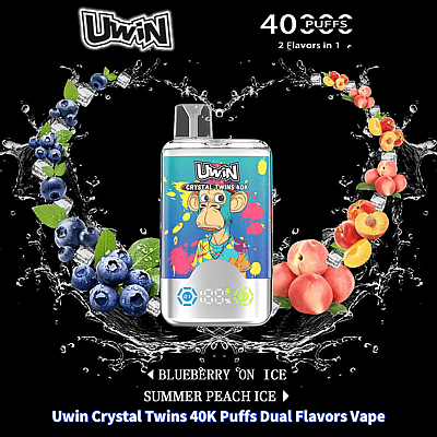 Uma imagem promocional do Uwin Crystal Twins 40K Puffs Dual Flavors Vape exibindo o dispositivo com uma arte de um macaco estilizado ao lado de mirtilos e pêssegos representando os sabores Blueberry on Ice e Summer Peach Ice.