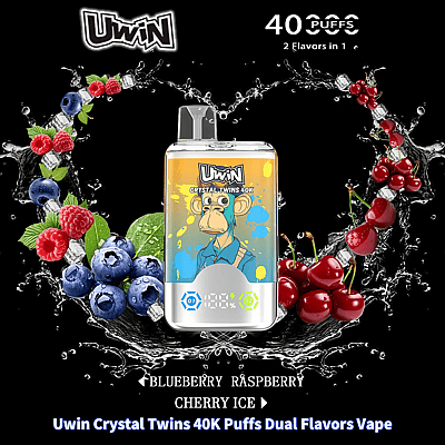 Imagem promocional do vaporizador Uwin Crystal Twins 40K com dois sabores, gelo de cereja e frutas vermelhas, decorado com respingos de água, cerejas, mirtilos, framboesas e o dispositivo mostrando um design colorido com uma ilustração de macaco.