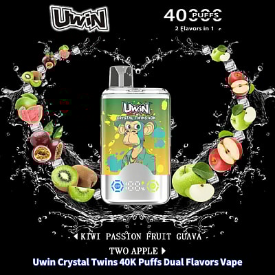 Immagine promozionale per lo svapo Uwin Crystal Twins, caratterizzato da doppi gusti di kiwi, frutto della passione, guava e due mele, con un design elegante e un vivace motivo a forma di scimmia sul dispositivo, su uno sfondo dinamico di frutta e schizzi.