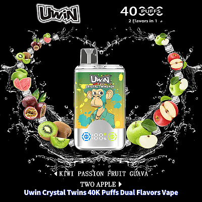 Imagem promocional do vaporizador Uwin Crystal Twins com dois sabores de kiwi, maracujá, goiaba e duas maçãs, com um design elegante e uma arte vibrante de macaco no dispositivo, contra um fundo dinâmico de frutas e respingos.
