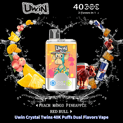 Imagem promocional apresentando o dispositivo eletrônico vape Uwin Crystal Twins 40K Puffs com sabores duplos: Peach Mango Pineapple e Red Bull. O dispositivo vape é central, cercado por respingos de visuais frutados e elementos de marca.
