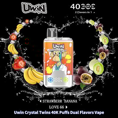 Un'immagine promozionale che mostra lo svapo Uwin Crystal Twins 40K Puffs Dual Flavors, con le sue opzioni di aromi alla banana, alla fragola e ad altri frutti, e l'immagine di una scimmia in camice da laboratorio sul dispositivo.