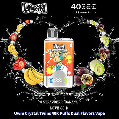 Uma imagem promocional apresentando o Uwin Crystal Twins 40K Puffs Dual Flavors Vape, exibindo suas opções de sabores de banana, morango e outras frutas com uma arte de um macaco de jaleco no dispositivo.