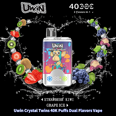 Imagem promocional mostrando o Uwin Crystal Twins 40K Puffs Dual Flavors Vape com opções de sabores de morango, kiwi e uva, ilustrado com gráficos de frutas vibrantes e um design elegante com uma ilustração colorida de macaco.