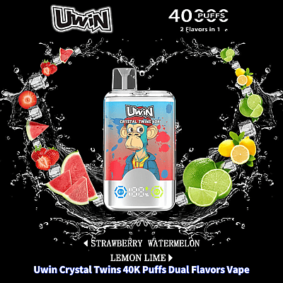 Cartaz publicitário do 'Uwin Crystal Twins 40K Puffs Dual Flavors Vape', exibindo o dispositivo de vaporização descartável com uma ilustração de um macaco de desenho animado, cercado por elementos aromatizantes como morangos, melancias, limões e limas, com respingos de água ao fundo.