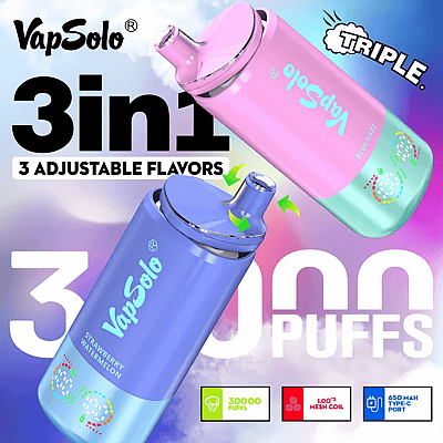 Image promotionnelle présentant l'appareil de vapotage VapSolo avec deux couleurs et saveurs réglables, une revendication de 30 000 bouffées et des spécifications de produit supplémentaires, notamment un port Type-C de 650 mAh.