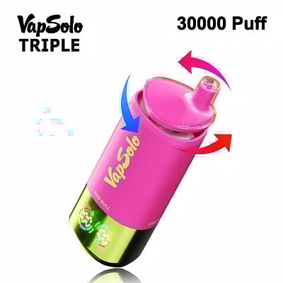 Un appareil de vapotage VapSolo TRIPLE rose avec un embout buccal incurvé et des fonctionnalités mises en évidence, conçu pour fournir 30 000 bouffées, représenté par des flèches colorées et un extérieur poli.
