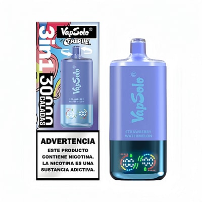 Emballage et présentation du produit de la vape VapSolo Triple aromatisée à la fraise et à la pastèque montrant un appareil de vape bleu et un avertissement concernant la dépendance à la nicotine en espagnol.