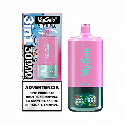 Une vape électronique VapSolo rose et verte affichant la saveur « Blue Razz », avec des lumières LED vibrantes, à côté de son emballage qui fournit des détails sur le produit et un avertissement d'addiction en espagnol.