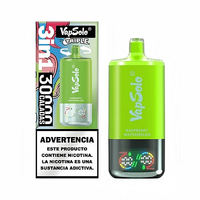 Un appareil de vapotage aromatisé à la framboise et à la pastèque de marque VapSolo dans un emballage vert accompagné d'une étiquette d'avertissement indiquant que la nicotine crée une dépendance.