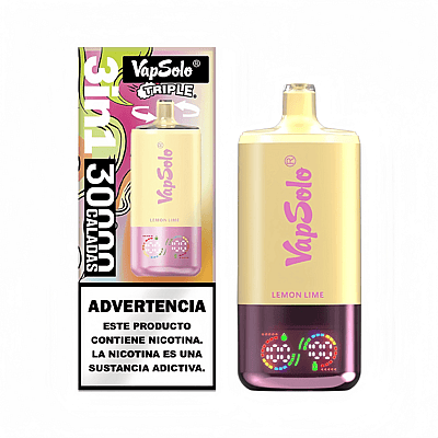 Emballage et produit d'une cigarette électronique jetable VapSolo au goût Citron Vert, avec des couleurs pastel et une étiquette d'avertissement en espagnol sur la dépendance à la nicotine.