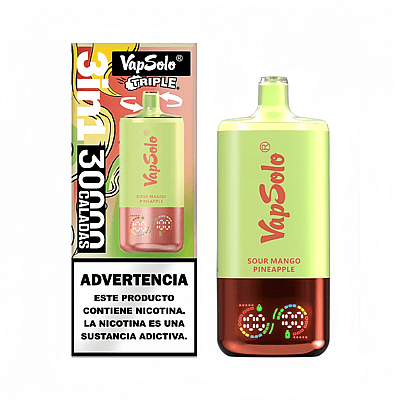 Appareil vaporisateur et emballage pour VapSolo Triple, saveur Sour Mango Pineapple, avec avertissement espagnol sur la dépendance à la nicotine.