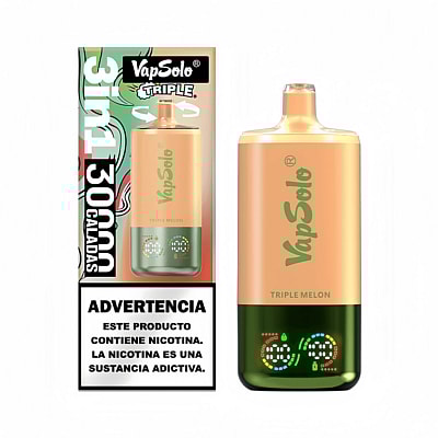 Emballage de l'appareil de vapotage VapSolo Triple Melon avec une image transparente de l'appareil à côté ; comporte un avertissement sur la nicotine en espagnol.