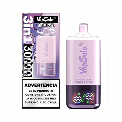 Un appareil de vapotage rose étiqueté « VapSolo » avec une saveur « Strawberry Vanilla Coke » avec un emballage d'accompagnement qui comprend un avertissement sur la dépendance à la nicotine en espagnol.