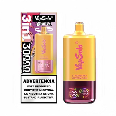 Appareil de vapotage électronique nommé « VapSolo », doté d'un design vibrant avec des couleurs jaunes et roses, étiqueté « Fraise Pastèque », ainsi que d'un emballage soulignant la capacité « 3 en 1 » et d'un avertissement sanitaire sur la dépendance à la nicotine en espagnol.