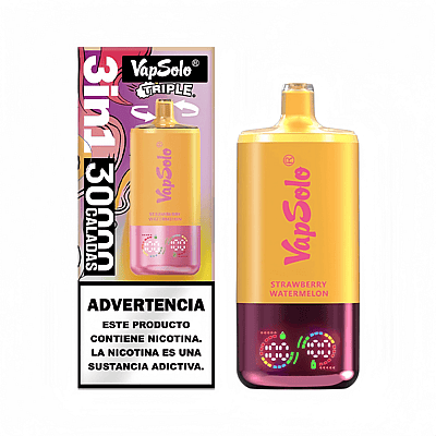 Appareil de vapotage électronique nommé « VapSolo », doté d'un design vibrant avec des couleurs jaunes et roses, étiqueté « Fraise Pastèque », ainsi que d'un emballage soulignant la capacité « 3 en 1 » et d'un avertissement sanitaire sur la dépendance à la nicotine en espagnol.