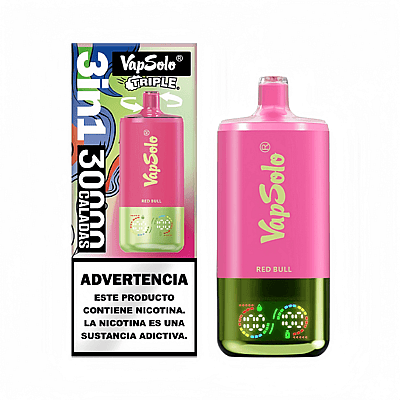 Cigarette électronique Pink VapSolo avec une saveur « Red Bull » aux côtés de son emballage coloré avec une étiquette d'avertissement sur la nicotine en espagnol.