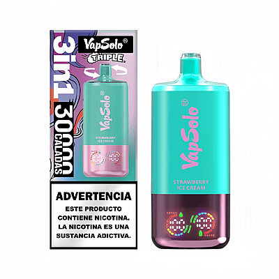 Une image du produit montrant l'appareil de vapotage électronique VapSolo au goût de glace à la fraise à côté de son emballage qui met en évidence les principales caractéristiques, telles que les saveurs 3 en 1, 3000 bouffées et un avertissement sur la teneur en nicotine en espagnol.