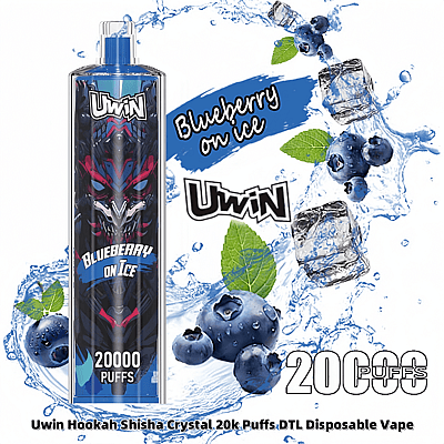 Een advertentie voor een Uwin Blueberry on Ice wegwerp-vape, met een afbeelding van bosbessen, ijsblokjes en het product met de aanduiding 20.000 trekjes.
