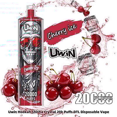 Un'immagine promozionale che mostra la sigaretta elettronica usa e getta Uwin Cherry Ice con un teschio che indossa occhiali rossi, circondato da ciliegie e cubetti di ghiaccio su uno sfondo a tema rosso e bianco, che evidenzia la capacità di 20.000 boccate.