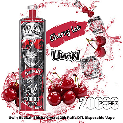 Een promotiefoto van de Uwin Cherry Ice wegwerp-vape met een schedelontwerp en een rode bril, omringd door kersen en ijsblokjes op een rood-witte achtergrond, waarmee de capaciteit van 20.000 trekjes wordt benadrukt.