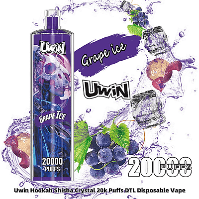 Promotiefoto van Uwin's wegwerp-vapeproduct met de smaak druivenijs. De afbeelding toont het ontwerp van het apparaat en functies zoals de mogelijkheid om 20.000 trekjes te nemen, naast illustraties van druiven en ijsblokjes.