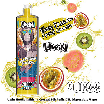 Vaporizzatore usa e getta Uwin al gusto di Kiwi Passion Fruit Guava, con capacità di 20.000 boccate, caratterizzato da un design che raffigura un gorilla con occhiali da sole e vivaci illustrazioni di frutta.