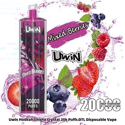 Una sigaretta elettronica usa e getta del marchio Uwin, etichettata "Mixed Berries", caratterizzata da un design vivace con illustrazioni di bacche e testo che evidenzia "20.000 tiri".