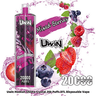 Een wegwerp-vape van het merk Uwin met het label 'Mixed Berries', met een levendig ontwerp met bessenillustraties en de tekst '20.000 trekjes'.