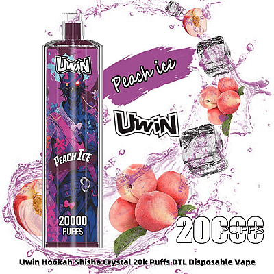 Een promotiefoto van de Uwin Peach Ice wegwerp-vape, met een kleurrijk ontwerp, afbeeldingen van perziken en ijs en tekst die aangeeft dat u 20.000 trekjes kunt nemen.