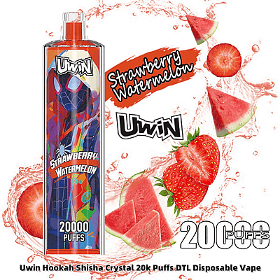 Een productafbeelding van de Uwin Strawberry Watermelon wegwerpvape met 20.000 trekjes, met een levendige verpakking en afbeeldingen van aardbeien, watermeloenen en spetters, naast een opvallende branding.