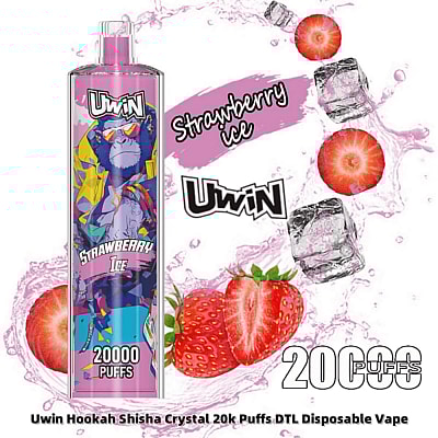 Immagine promozionale per il dispositivo di svapo usa e getta Uwin al gusto di gelato alla fragola, caratterizzato da una confezione vivace con un'illustrazione colorata di un primate e un testo che evidenzia 20.000 boccate, circondato da cubetti di ghiaccio e fragole su uno sfondo rosa sgargiante.
