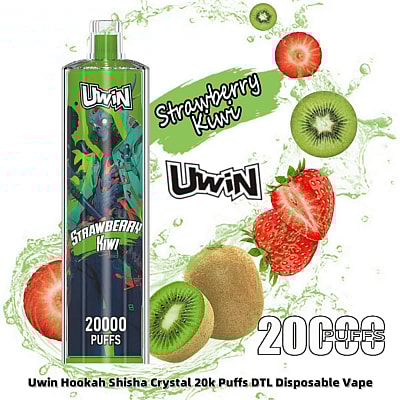 Immagine promozionale del prodotto per la sigaretta elettronica usa e getta Uwin al gusto di fragola e kiwi, con grafica colorata di frutta, il design del dispositivo e testo enfatizzato che pubblicizza 20.000 boccate.