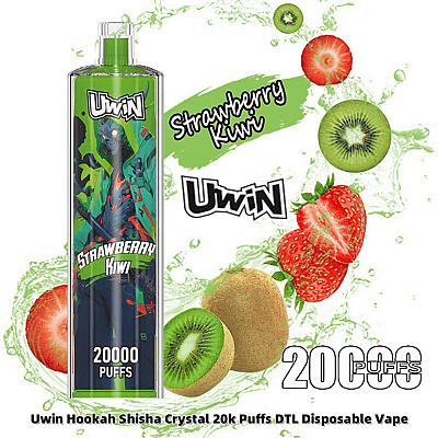 Productreclame-afbeelding voor de Uwin Strawberry Kiwi-wegwerpvape, met kleurrijke fruitafbeeldingen, het ontwerp van het apparaat en een opvallende tekst waarin reclame wordt gemaakt voor 20.000 trekjes.