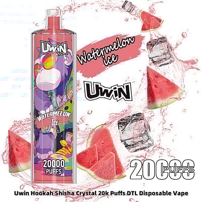 Confezione monouso per vaporizzatore Uwin al gusto di ghiaccio all'anguria, illustrata con un disegno colorato di una scimmia che indossa occhiali da sole, circondata da immagini di fette di anguria e cubetti di ghiaccio, con il testo evidenziato "20000 tiri".