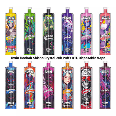 Una collezione di dodici coloratissime sigarette elettroniche usa e getta Uwin con diversi gusti elencati, ciascuna progettata con una grafica vivace e recante l'etichetta "20000 Puffs".
