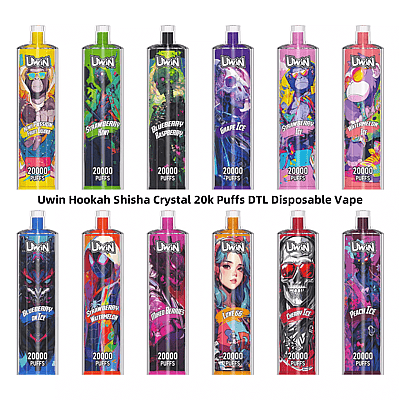 Een collectie van twaalf kleurrijke Uwin wegwerp-vapes met verschillende smaken, elk met levendige afbeeldingen en het label "20000 Puffs".