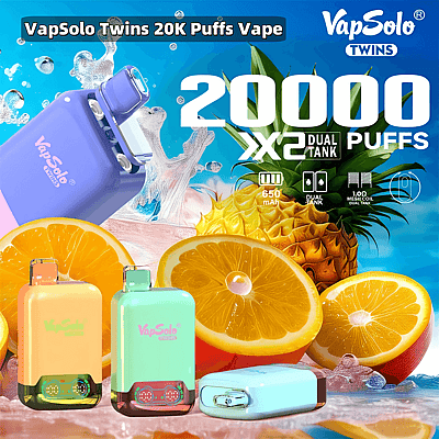 Image promotionnelle pour le VapSolo Twins 20K Puffs Vape comprenant trois appareils de vapotage aux couleurs vives ainsi que des graphismes de fruits orange et ananas mettant l'accent sur les saveurs, sur un fond bleu avec des accents d'éclaboussures d'eau.