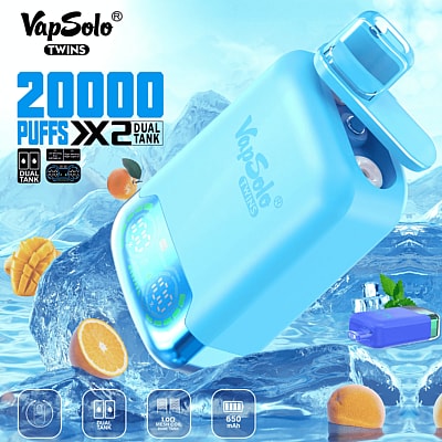 A promotional image for the VapSolo Twins vape device showcasing its blue dual-tank design, 20,000 puff capacity, 650 mAh battery, and mesh coil technology, with a crisp icy background and fruit accents.