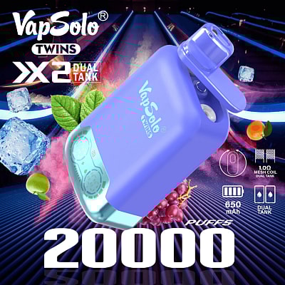 Promotional image of VapSolo Twins X2 Dual Tank electronic vaping device in purple with 20000 puffs capacity, featuring fruit and ice cube visuals for flavor representation.