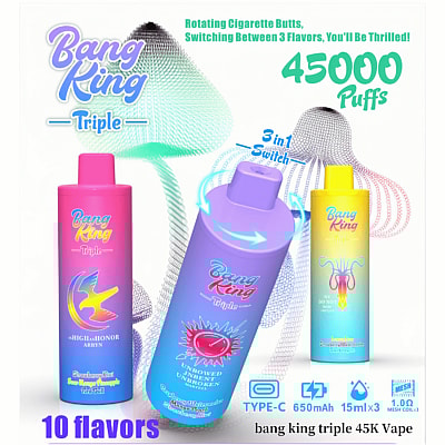 Immagine promozionale per il dispositivo di svapo Bang King Triple con sistema di cambio di tre aromi, design colorati e specifiche come 45.000 boccate, ricarica Type-C e batteria da 650 mAh.
