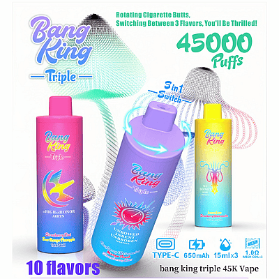 Promotional image for the Bang King Triple vape device featuring a three-flavor switching system, colorful designs, and specifications like 45,000 puffs, Type-C charging, and a 650mAh battery.