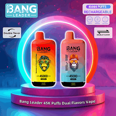Två Bang Leader 45K Puffs uppladdningsbara vape-enheter visas under ett glödande cirkulärt neonljus med färgglada bakgrunder, som framhäver funktioner som dubbla smaker och 650 mAh kapacitet.