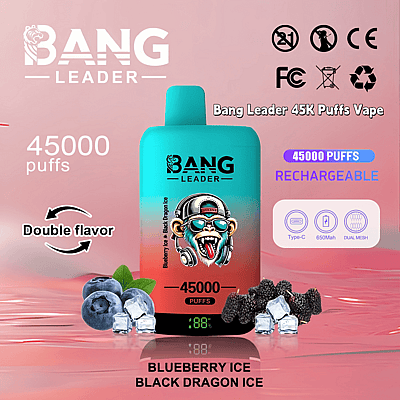 Immagine promozionale per il Bang Leader 45K Puffs Vape con funzionalità ricaricabile, doppi aromi (Blueberry Ice e Black Dragon Ice), una porta di ricarica Type-C e una capacità di 650 mAh visualizzata su uno sfondo colorato.