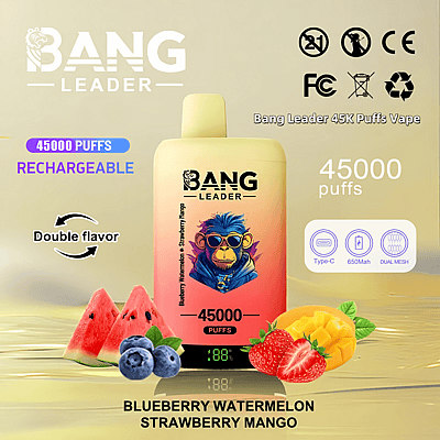 Immagine promozionale per il dispositivo di svapo ricaricabile Bang Leader con capacità di 45.000 tiri, caratterizzato dai doppi gusti mirtillo e anguria e fragola e mango, insieme alle specifiche del prodotto e alle illustrazioni della frutta.