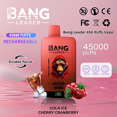 Immagine promozionale per lo svapo Bang Leader 45000 Puffs con aroma di ciliegia, mirtillo rosso e cola, porta di ricarica Type-C, batteria da 650 mAh e tecnologia Dual Mesh.